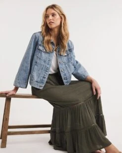 Khaki Crinkle Midi Skirt With Ladder Trim| Khaki