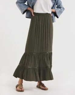 Khaki Crinkle Midi Skirt With Ladder Trim| Khaki -Trendy Rae Sales y01gz603720w