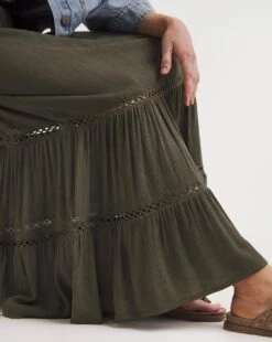 Khaki Crinkle Midi Skirt With Ladder Trim| Khaki -Trendy Rae Sales y01gz603721w