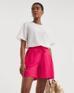 Pink Linen Mix Pleat Detail Shorts| Pink