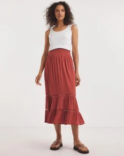 Cinnamon Crinkle Midi Skirt With Ladder Trim| Cinnamon