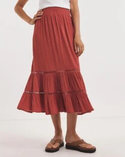 Cinnamon Crinkle Midi Skirt With Ladder Trim| Cinnamon -Trendy Rae Sales y01gz634740w