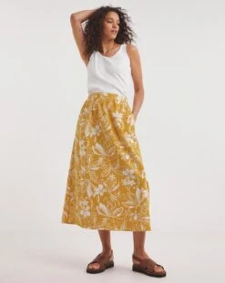 Yellow Print Linen Mix Maxi Skirt| Yellow Floral