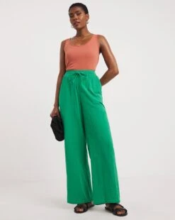 Jade Green Soft Cotton Wide Leg Trousers| Jade Green