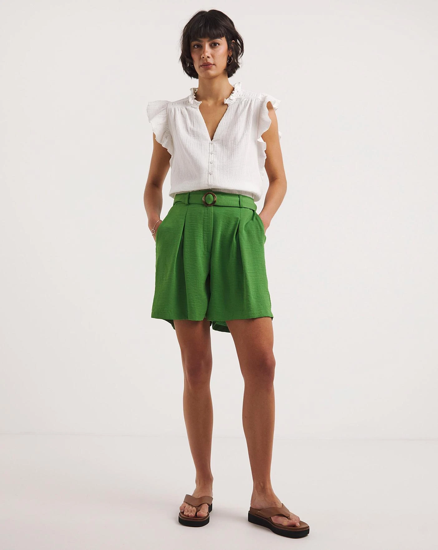Apple Green Textured Belted City Shorts| Apple 3 Apple Green Textured Belted City Shorts| Apple