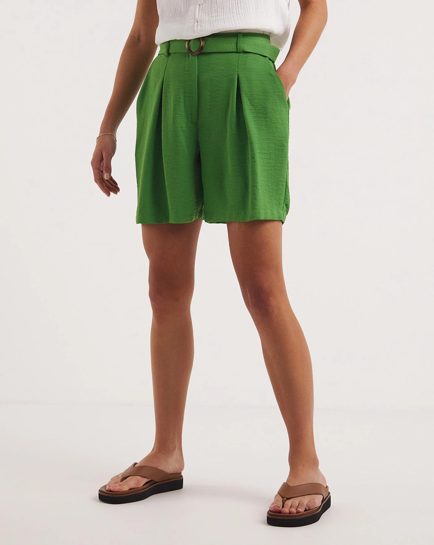 Apple Green Textured Belted City Shorts| Apple 6 Apple Green Textured Belted City Shorts| Apple - Image 4