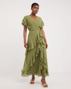 Joanna Hope Ruffle Maxi Dress| Khaki