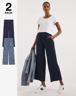 Navy/Printed 2 Pack Of Wide Leg Jersey Stretch Trousers| Navy/Print