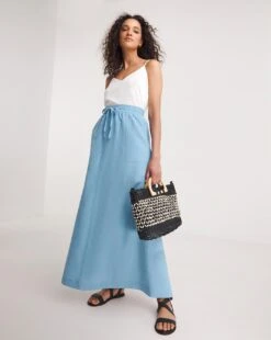 Easy Care Linen Mix Maxi Skirt| Cornflower Blue