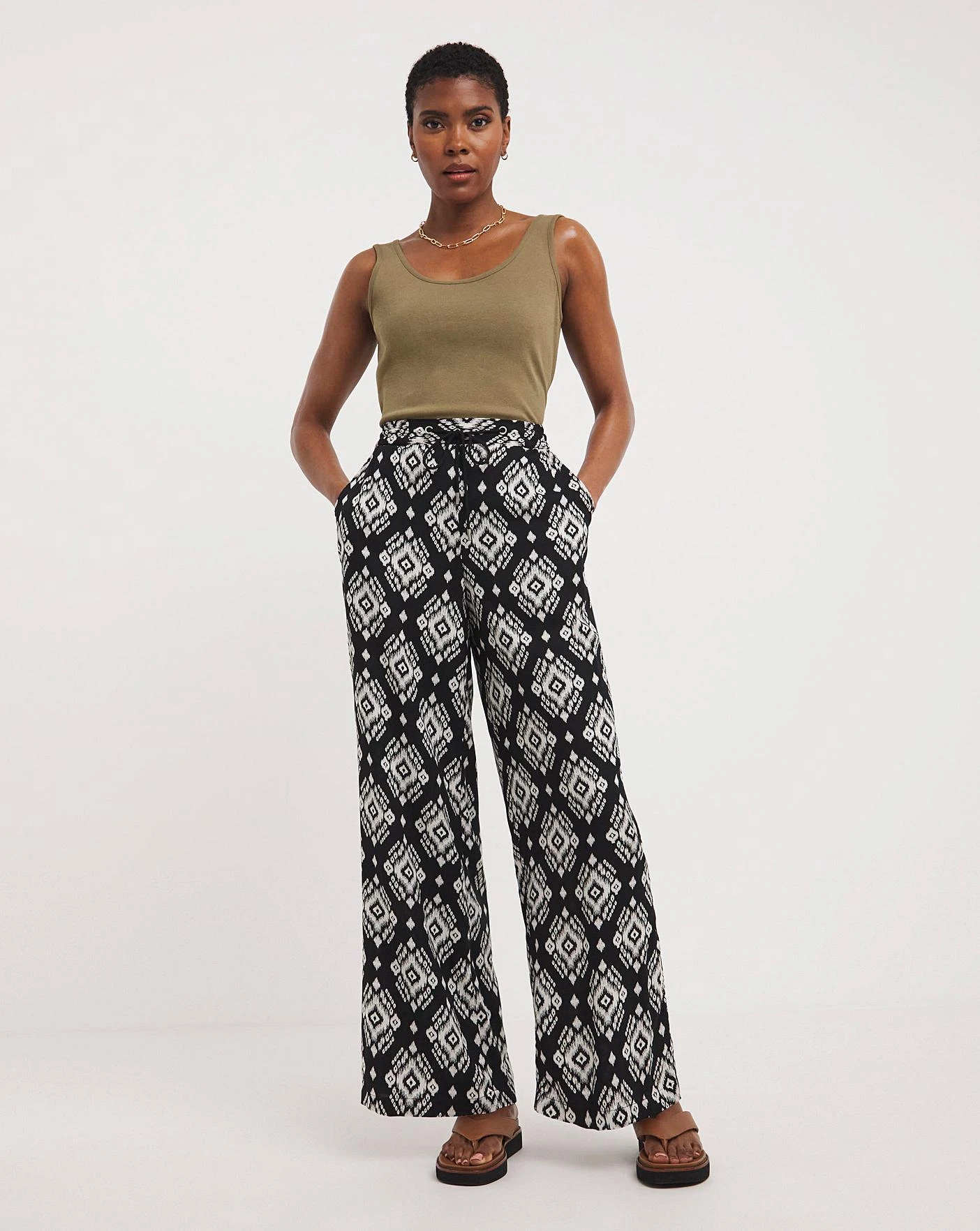 Spun Viscose Pull On Wide Leg Trouser| Mono Print 3 Spun Viscose Pull On Wide Leg Trouser| Mono Print