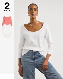 White/Pink 2 Pack 3/4 Sleeve Scoop Neck Tops| White/Pink