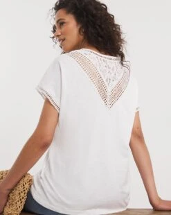 Navy Lace V Back Insert Crew Neck Short Sleeve Top| White