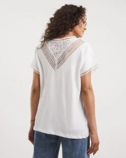 Navy Lace V Back Insert Crew Neck Short Sleeve Top| White -Trendy Rae Sales y01qb320721w