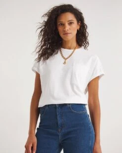 White Cotton Slub Short Sleeve Pocket T-Shirt| White