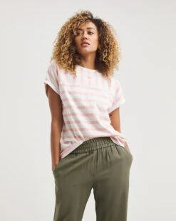 Pink Stripe Cotton Slub Short Sleeve Seam Detail Turn Up Cuff T-Shirt| Pink Stripe