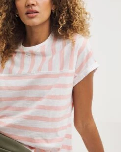 Pink Stripe Cotton Slub Short Sleeve Seam Detail Turn Up Cuff T-Shirt| Pink Stripe -Trendy Rae Sales y01qb591712w