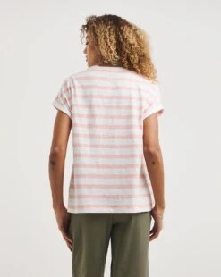 Pink Stripe Cotton Slub Short Sleeve Seam Detail Turn Up Cuff T-Shirt| Pink Stripe -Trendy Rae Sales y01qb591713w