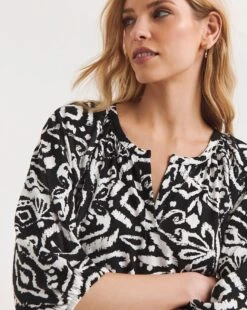 Abstract Print Volume Sleeve V-Neck Jersey Swing Top| Abstract Print -Trendy Rae Sales y01qb635735w