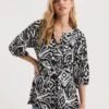 Abstract Print Volume Sleeve V-Neck Jersey Swing Top| Abstract Print