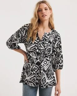 Abstract Print Volume Sleeve V-Neck Jersey Swing Top| Abstract Print