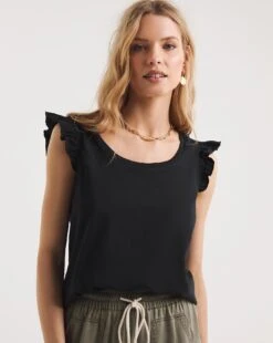 Black Ruffle Sleeve Cotton Vest Top| Black