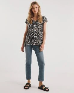 Abstract Animal Cotton Turn Up Cuff Short Sleeve V-Neck Tunic| Abstract Animal