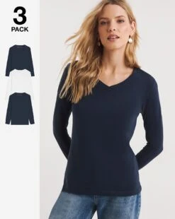 3 Pack Navy And White V-Neck Long Sleeve Tops| Navy/White