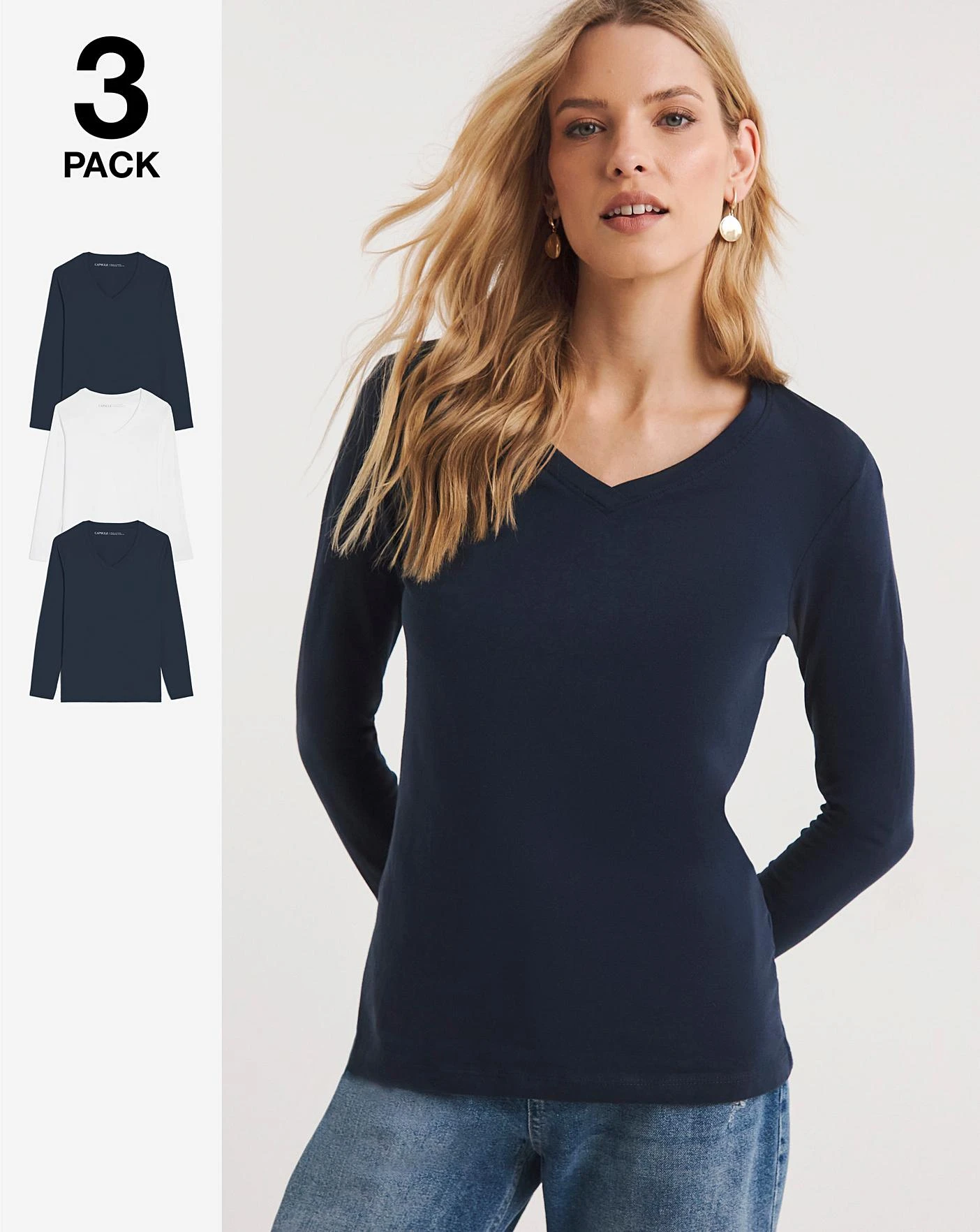 3 Pack Navy And White V-Neck Long Sleeve Tops| Navy/White 3 3 Pack Navy And White V-Neck Long Sleeve Tops| Navy/White