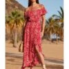 Sosandar Bardot Crinkle Wrap Skirt Dress| Red Multicolour -Trendy Rae Sales y01re082611s