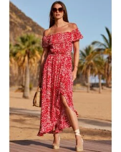 Sosandar Bardot Crinkle Wrap Skirt Dress| Red Multicolour