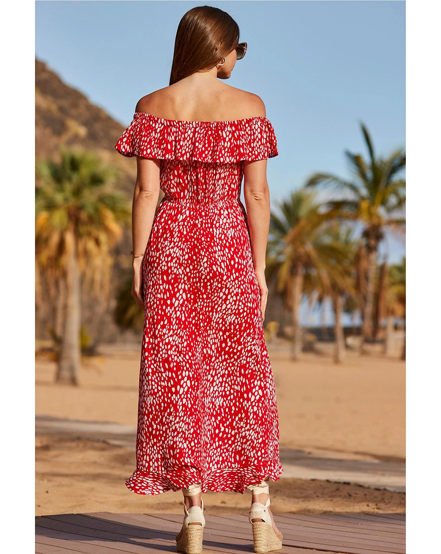 Sosandar Bardot Crinkle Wrap Skirt Dress| Red Multicolour 7 Sosandar Bardot Crinkle Wrap Skirt Dress| Red Multicolour - Image 5