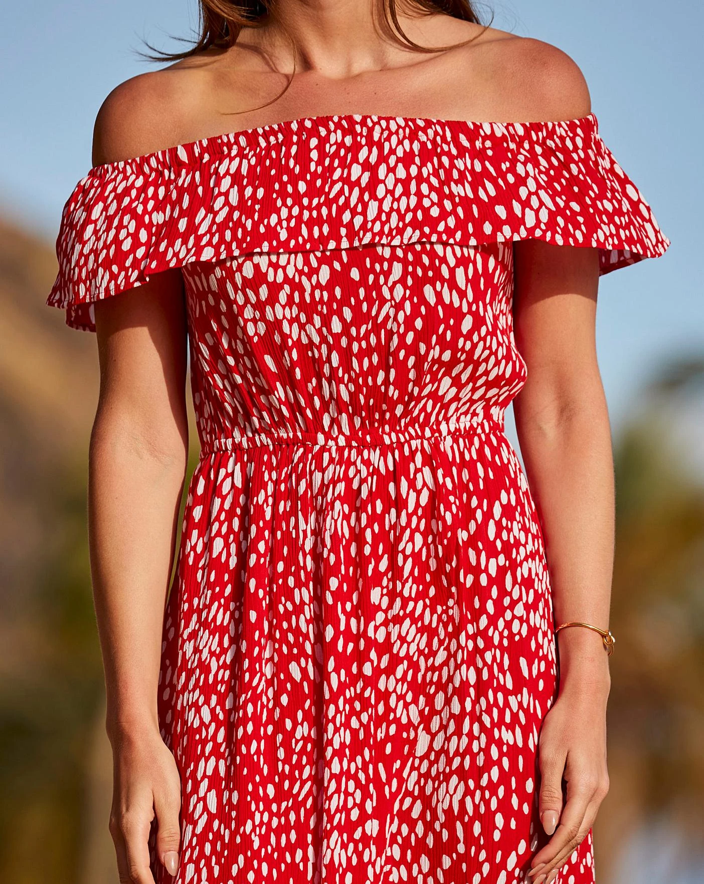 Sosandar Bardot Crinkle Wrap Skirt Dress| Red Multicolour 5 Sosandar Bardot Crinkle Wrap Skirt Dress| Red Multicolour - Image 3