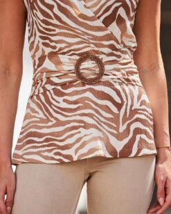 Sosandar Buckle Detail V-Neck Top| Brown Multi-coloured -Trendy Rae Sales y01re084614s