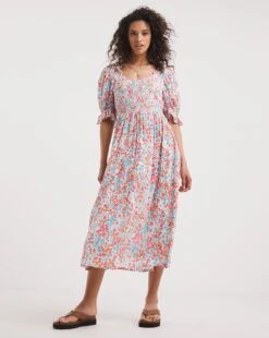 Shirred Bodice Dress With Puff Sleeve| Multi Coloured Floral -Trendy Rae Sales y01rn606745w