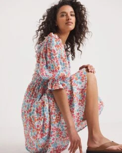 Shirred Bodice Dress With Puff Sleeve| Multi Coloured Floral