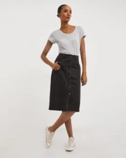 Pencil Button Through Skirt| Washed Black