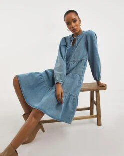 Tiered Smock Denim Dress| Light Blue