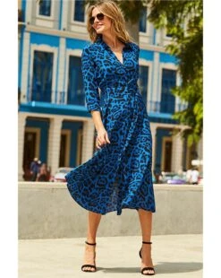 Sosandar Belted Midi Shirt Dress| Blue