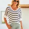 Sosandar Striped Tab Sleeve Linen T-Shirt| Black/White -Trendy Rae Sales y01tv322500s