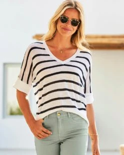 Sosandar Striped Tab Sleeve Linen T-Shirt| Black/White