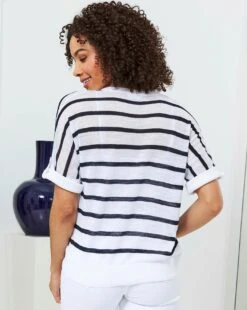 Sosandar Striped Tab Sleeve Linen T-Shirt| Black/White 10 Sosandar Striped Tab Sleeve Linen T-Shirt| Black/White -Trendy Rae Sales y01tv322502s