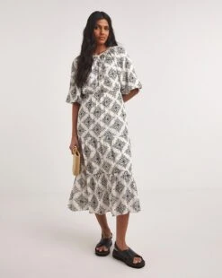Crinkle Tiered Smock Dress With Puff Sleeves| Monochrome