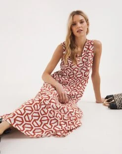 Sleeveless V-Neck Smock Dress| Red Print -Trendy Rae Sales y01wm378719w