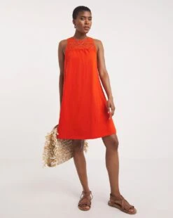 Crochet Trim Cotton Slub Trim Swing Dress| Red