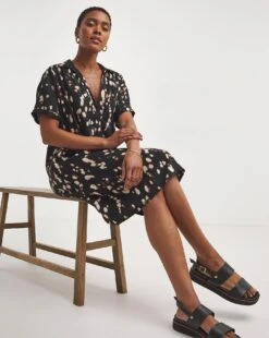 Viscose Twill Relaxed Shirt Dress| Black Print -Trendy Rae Sales y01wm633719w