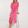 Runched Side And Sleeve Midi Dress| Pink Print -Trendy Rae Sales y01yc710705w