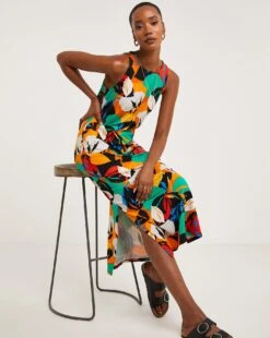 Soft Touch Jersey Midi Dress With Side Slits| Multi Print