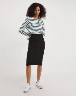 Black Stretch Jersey Midi Tube Skirt| Black