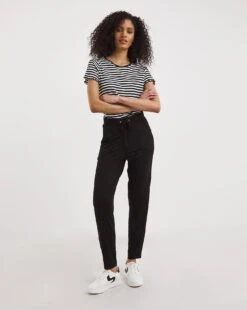 Black Tie Waist Jersey Tapered Trousers| Black