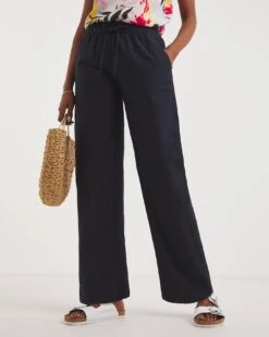 Navy Linen Mix Straight Leg Trousers| Navy -Trendy Rae Sales y01zh192746w
